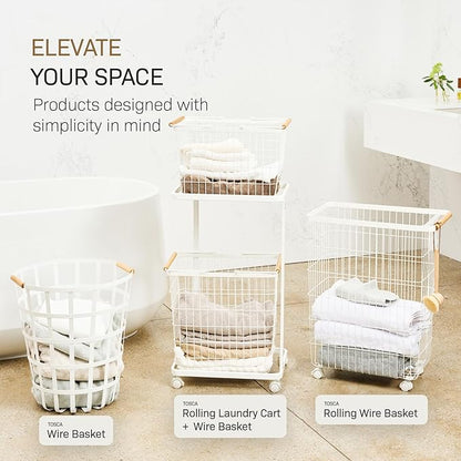 Yamazaki Home Wire Slim Saving Rolling Wheeled Clothing Hamper | Steel + Wood | Laundry Basket, One Size, White