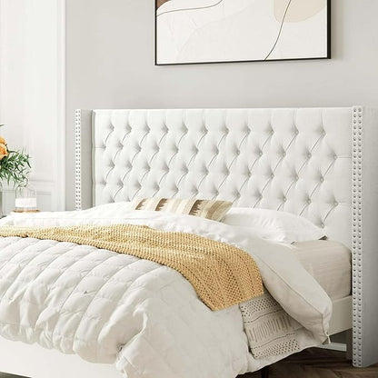 Lucky Monet Linen Upholstered Headboard Queen Size (Headboard Only), Nail Head Trim Wingback Tufted Button Headboard Luxury Soft Padded Head Board with Durable Metal Legs, Adjustable Height, Beige