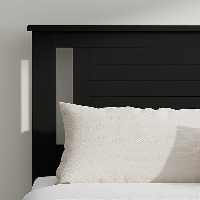 Serene Farmhouse Style Wood Bed in Queen Size with Horizontal Scoring Headboard, Coastal Modern Design, Sturdy, Easy Assembly, Ample Underbed Storage, Black Finish