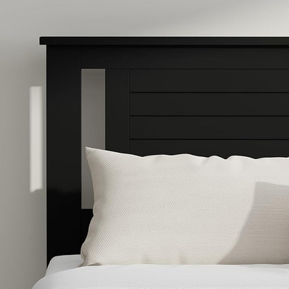 Serene Farmhouse Style Wood Bed in Queen Size with Horizontal Scoring Headboard, Coastal Modern Design, Sturdy, Easy Assembly, Ample Underbed Storage, Black Finish