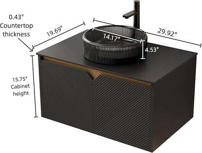 30 Inch Bathroom Vanity with Sink, Floating Fluted Vanity with Vessel Sink, Modern Bathroom Vanity Cabinet with 2 Doors with Metal Trim, Round Glass Sink & Sintered Stone Top, Black
