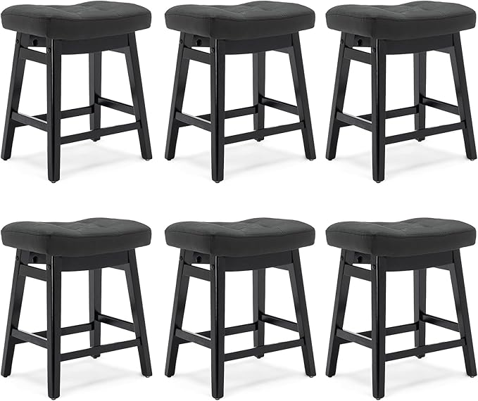Counter Height Black Bar Stools Set of 6 for Kitchen Counter Farmhouse Modern Barstools with Faux Leather Upholstered Backless Seat and Solid Wood Legs 24 inch Bar Chairs
