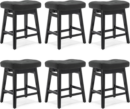 Counter Height Black Bar Stools Set of 6 for Kitchen Counter Farmhouse Modern Barstools with Faux Leather Upholstered Backless Seat and Solid Wood Legs 24 inch Bar Chairs