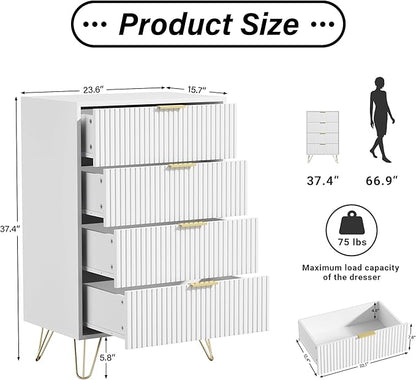 White Dresser for Bedroom, Modern Wide Dresser with Gold Pulls and 4 Drawers for Bedroom, Closets, 15.7" D x 23.6" W x 37.4" H