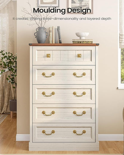 AOGLLATI Farmhouse 5 Drawers Dresser for Bedroom, 48” Tall Wood Rustic Chest of Drawers with Natural Texture, Vintage Design, Black Storage Dresser for Bedroom,Antique White