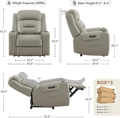 Watson & Whitely Oversized Genuine Leather Power Recliner Chairs for Big and Tall, Extra Wide Lay Flat Recliner with Power Headrest & Cup Holders, Electric Reclining Sofa for Living Room, Grey
