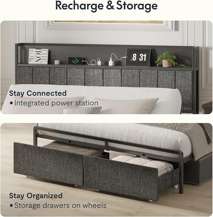 FLEXISPOT Queen Adjustable Bed + 12" Cooling Gel Memory Foam Mattress, Storage Headboard, Charging Station, LED Light, Drawers, Quiet DC Motor, Easy Assembly – Bonus 4-Piece Queen Sheet Set Included