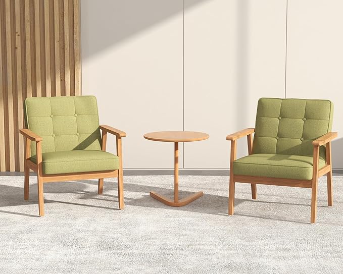 Modern Accent Chair with Wooden Table, Upholstered Linen Fabric Leisure Chair Comfy Side Chair with Backrest Button and Arm Rest for Living Room Bedroom Reading(Green)
