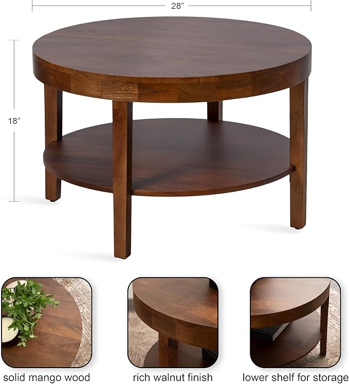 Kate and Laurel Talcott Modern Tiered Round Coffee Table, 28 x 28 x 18, Walnut Brown, Transitional Two-Tier Circle Living Room Table with Storage and Mango Wood Construction