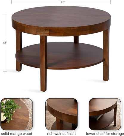 Kate and Laurel Talcott Modern Tiered Round Coffee Table, 28 x 28 x 18, Walnut Brown, Transitional Two-Tier Circle Living Room Table with Storage and Mango Wood Construction