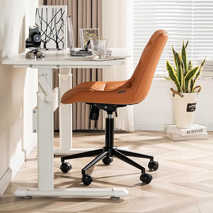 Kidol & Shellder Faux Leather Office Chair, Adjustable Swivel Height Task Chair, Rolling Wheels & Soft Backrest - Armless Ergonomic Desk Chair for Home, Office,Vanity,Gaming（Orange）