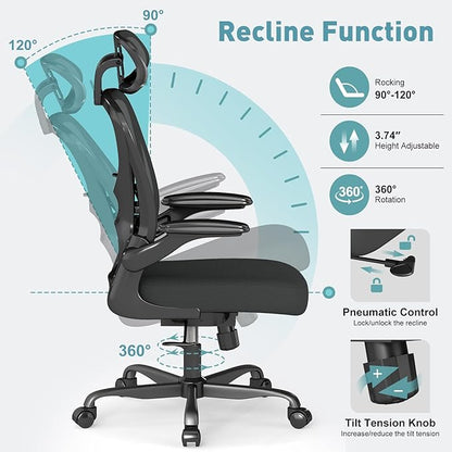 ZZH Ergonomic Office Chair Set of 4 with Adjustable Lumbar Support and Headrest, Mesh Home Office Desk Chair with Wheels and Flip-up Arms, Black