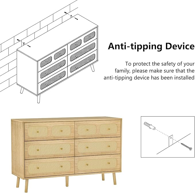 Rattan Dresser for Bedroom, Boho 6 Drawer Double Dresser with Gold Handles, Natural Wood Storage Dressers & Chest of Drawers, 6 Drawer Dressers