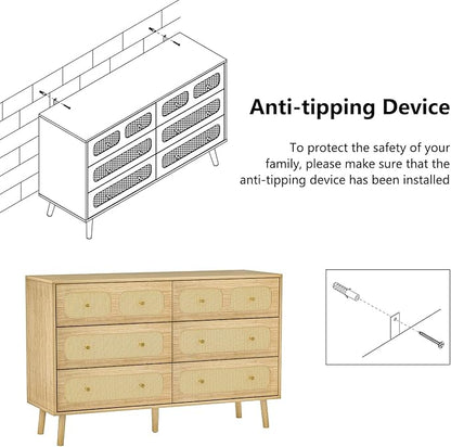 Rattan Dresser for Bedroom, Boho 6 Drawer Double Dresser with Gold Handles, Natural Wood Storage Dressers & Chest of Drawers, 6 Drawer Dressers