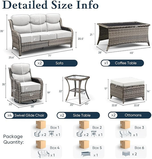Belord Luxury 6" Thick Cushioned 11 Pieces Patio Furniture Set with Outdoor Couch, Wicker Outdoor Conversation Set with High Back Swivel Rocker Chairs for Deck Porch Yard and Poolside - Grey+Beige