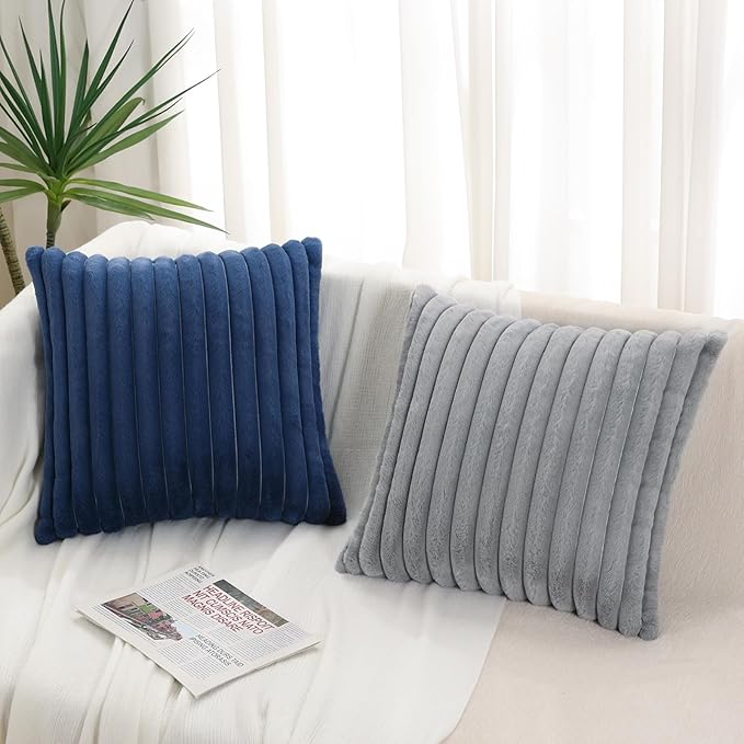 Pallene Faux Fur Plush Throw Pillow Covers 26x26 Set of 2, Luxury Soft Fluffy Striped Decorative Pillow Covers for Sofa, Couch, Living Room, Navy Blue