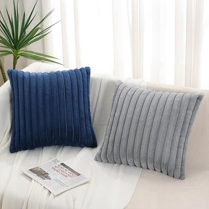 Pallene Faux Fur Plush Throw Pillow Covers 26x26 Set of 2, Luxury Soft Fluffy Striped Decorative Pillow Covers for Sofa, Couch, Living Room, Navy Blue