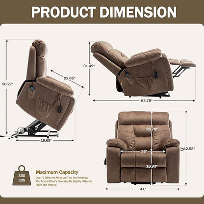Oversized Power Lift Recliner Chair for Elderly with Massage Heat, Brown Velvet Electric Lay Flat Recliners with Cup Holders, Side Pockets, Infinite Position, Gift for Family