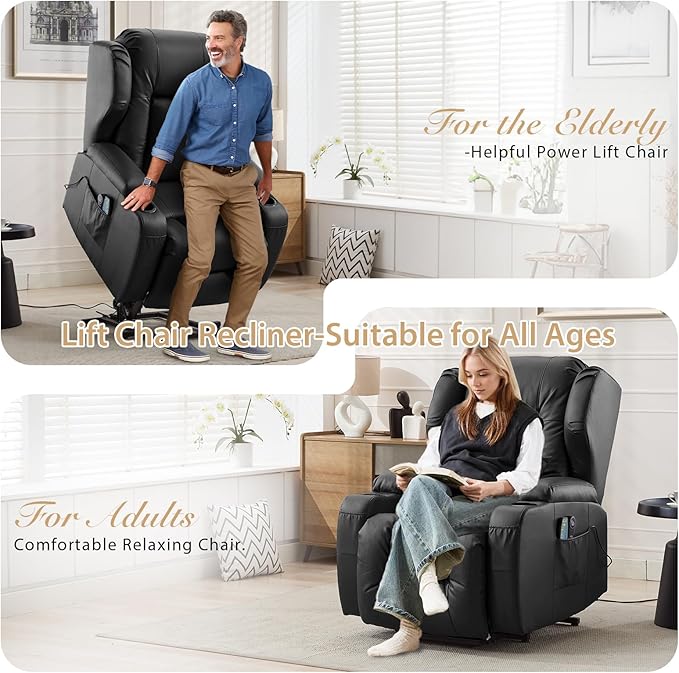 Power Lift Chair Recliner with Heat and Massage,Single Sofa Chair Recliner for Elderly,Electric Recliners Comfortable Lift Chairs for Living Room with Remote/Storage/Cup Holders/USB Port (Black)