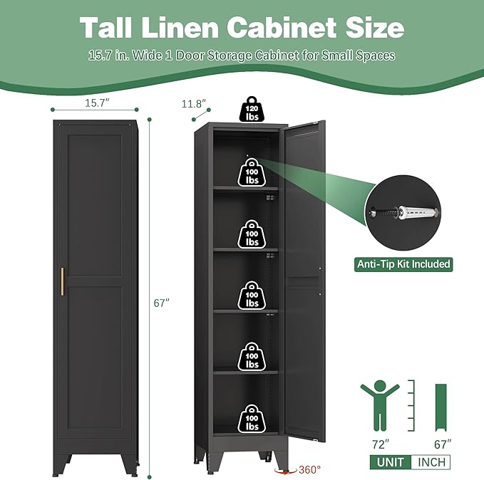 Tall Narrow Storage Cabinet, 67" Single Door Metal Storage Locker Cabinet, Freestanding Tall Kitchen Pantry Cabinets for Small Space
