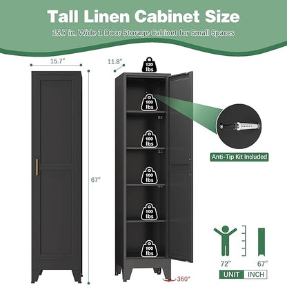 Tall Narrow Storage Cabinet, 67" Single Door Metal Storage Locker Cabinet, Freestanding Tall Kitchen Pantry Cabinets for Small Space