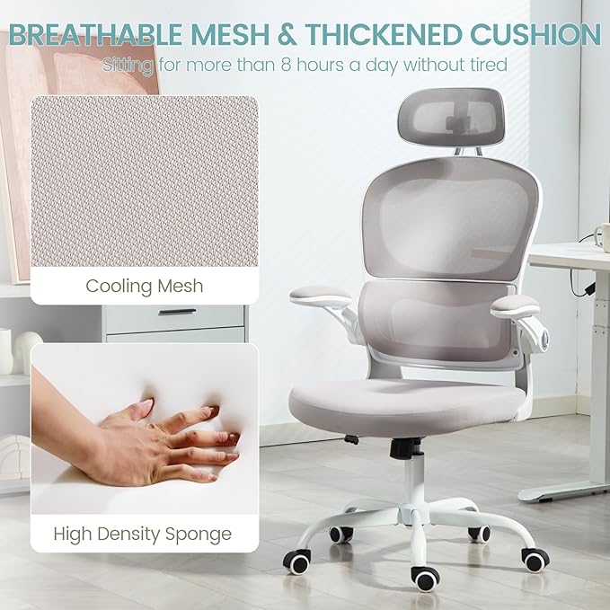 Yilaywain Ergonomic Office Chair, Home Office Desk Chair with Adjustable Headrest, High Back Computer Chair with Armrests and Lumbar Support for Home Office Study Room, Black & Gray (Grey)