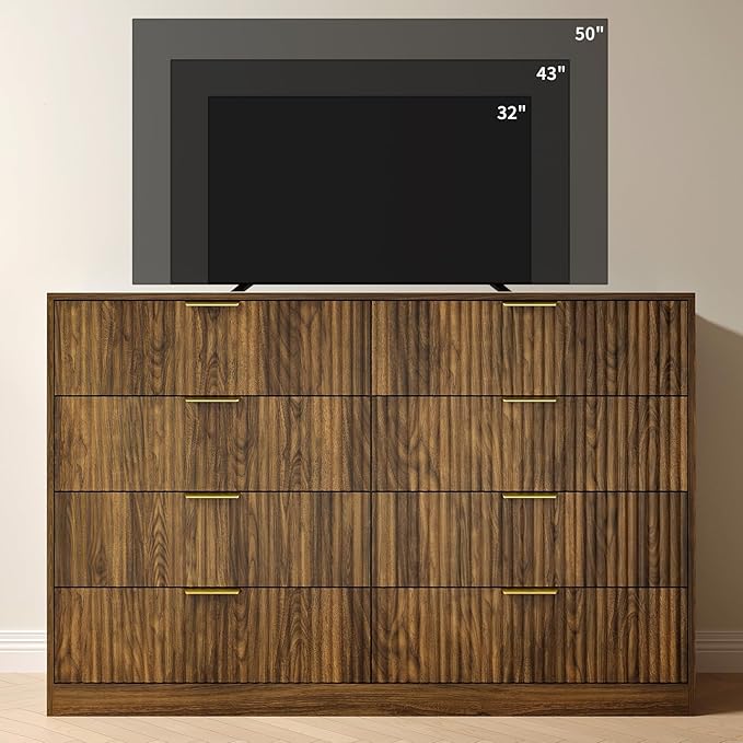 Fluted 8 Drawer Double Dresser Wood,55” Wide Bedroom Dresser Mid Century Chest of Drawers Wooden with Gold Handle,Dressers TV Stand for Bedroom,Living Room,Walnut