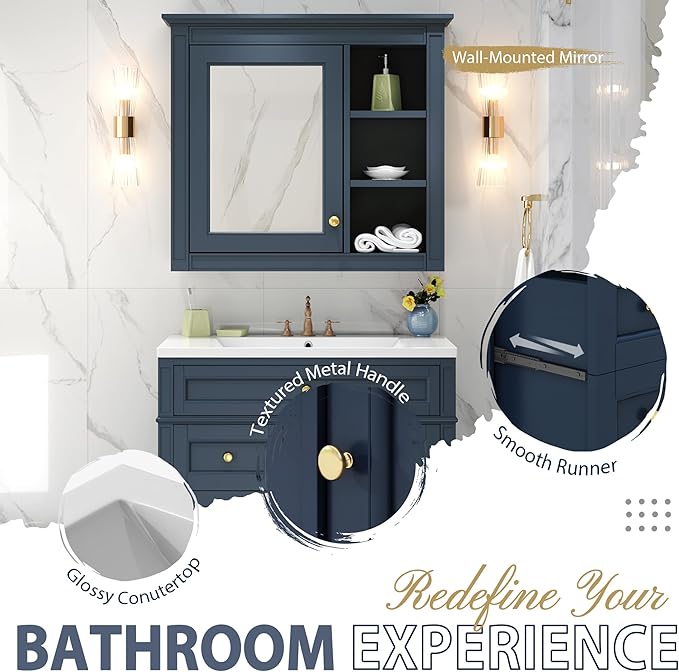 30" Bathroom Vanity with Matching Medicine Cabinet, Modern Sink Storage Cabinet with Drawers, Soft Closing Doors and Shelf, Bathroom Vanities with Sink & Mirror