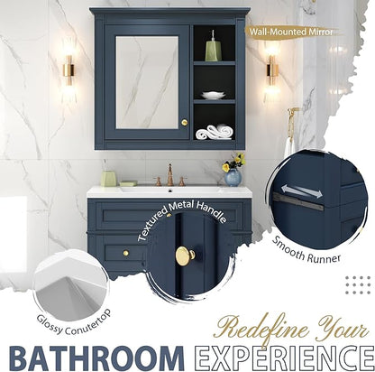 30" Bathroom Vanity with Matching Medicine Cabinet, Modern Sink Storage Cabinet with Drawers, Soft Closing Doors and Shelf, Bathroom Vanities with Sink & Mirror