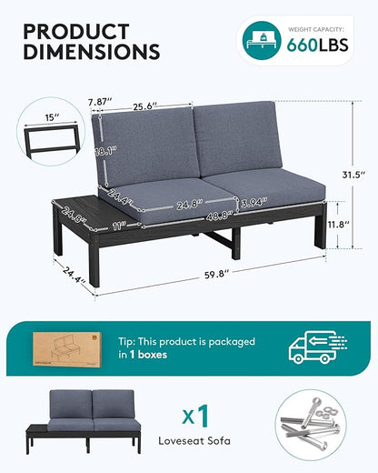 SERWALL HDPE Outdoor Loveseat Set, All-Weather Modular Patio Sofa, Sectional Seating for Backyard or Balcony, Garden, Black Frame with Grey Cushion