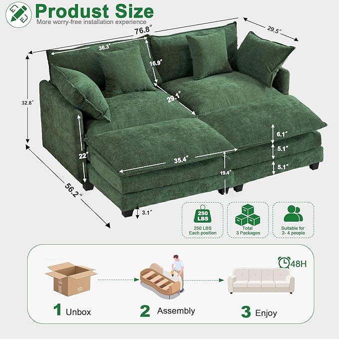 Expandable L-Shaped Sectional Sofa with Ottoman for Apartments, 77" Cloud Chenille Sofa, Create a U-Shape Layout with Optional 2nd Ottoman, Solid Wood Frame, Easy Assembly