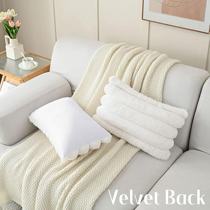 FUTEI Cream White Decorative Throw Pillow Covers 12x20 Inch Set of 2, Square Soft Faux Rabbit Fur Thick Striped Lumbar Pillow Case,Winter Home Decor for Couch Bed Living Room
