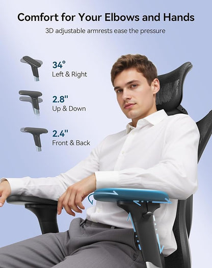 SIHOO M57 Ergonomic Mesh Office Chair, High Back Home Desk Chair with 3D Armrests, Lumbar Support and Adjustable Headrest, Comfortable Computer Chair, Big & Tall Office Chair up to Hold 330 LBS-Black