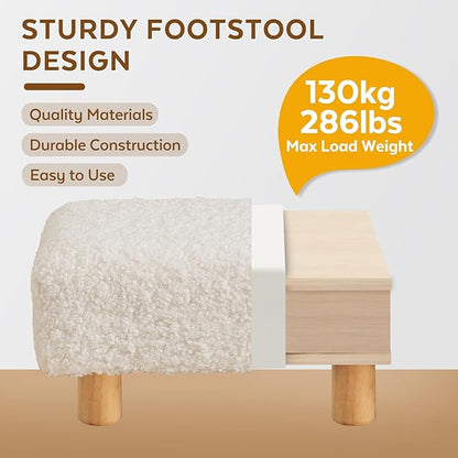 Small Foot Stool Ottoman, Sherpa Footstool Ottoman Foot Rest for Couch, Rectangle Footstools and Ottomans Small for Living Room, Entryway and Bedroom (White)