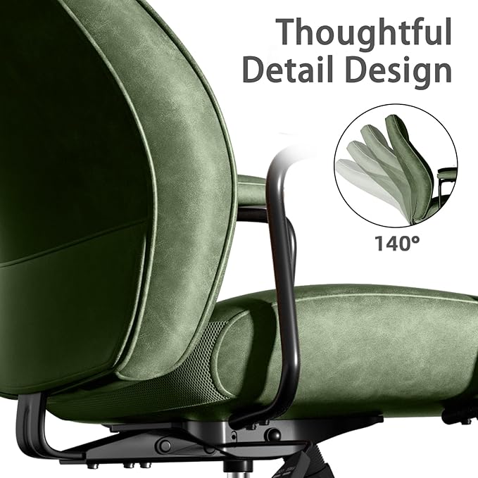 Green Leather Office Desk Chair with Wheels and Arms, Height Adjustable, Vintage, Mid Century Modern Style