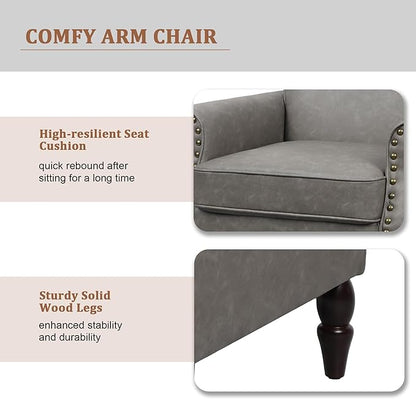 Accent Chair, Mid Century Modern Faux Leather Arm Chair with Wood Leg for Living Room, Bedroom, Comfy PU Leather Club Reading Chairs with Wingback & Nailhead Trim (Leather Grey, Set of 2)
