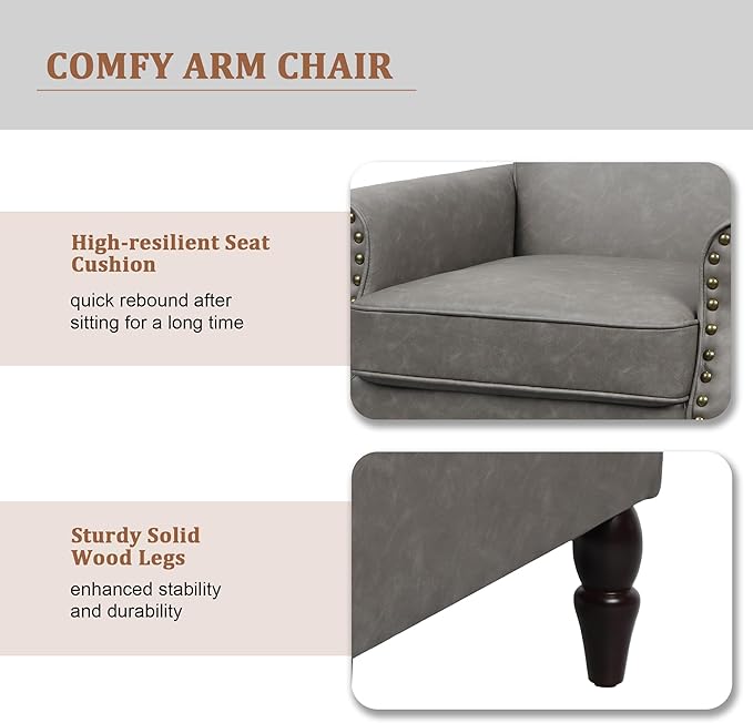 Accent Chair, Mid Century Modern Faux Leather Arm Chair with Wood Leg for Living Room, Bedroom, Comfy PU Leather Club Reading Chairs with Wingback & Nailhead Trim (Leather Grey, Set of 1)