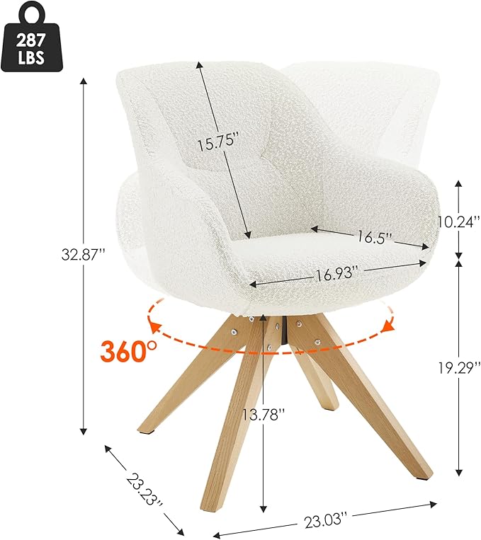 Zouron Desk Chair with Wooden Legs, Swivel Accent Chairs No Wheels, Modern Vanity Arm Chair for Small Space Home Office Living Room Bedroom, Ivory and Natural Wood