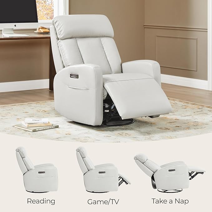 CHITA Leather Power Swivel Recliner Chair for Adults, Triple Motor Electric Rocker Recliner for Living Room with Adjustable Headrest and Lumbar Support, USB & Type-C Charging Ports, Creamy Grey