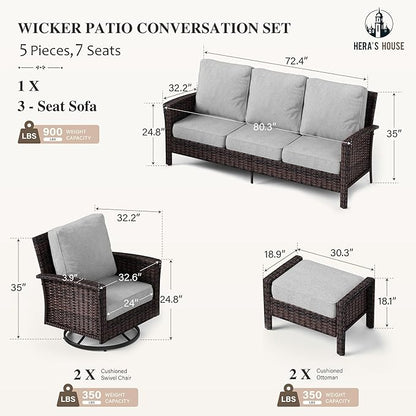 HERA'S HOUSE Patio Furniture Set with Swivel Chairs, High Back Wicker Couch with Ottomans, Outdoor Conversation Sofa Sets with 5.5" Waterproof Cushions for Garden Yard Porch, Grey