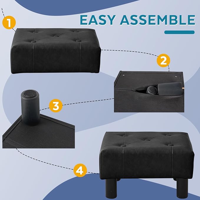 Small Foot Stool Ottoman, Faux Leather Footstool Ottoman Foot Rest for Couch, Rectangle Footstools and Ottomans Small for Living Room, Entryway and Bedroom (Black)