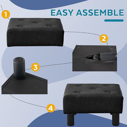 Small Foot Stool Ottoman, Faux Leather Footstool Ottoman Foot Rest for Couch, Rectangle Footstools and Ottomans Small for Living Room, Entryway and Bedroom (Black)