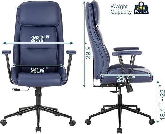 High Back Office Desk Chair,Ergonomic Reclining Office Chair,Modern Swivel Computer Chair,Conference Room Chairs,Navy Blue Leather Chair with Lumbar Support,330lbs