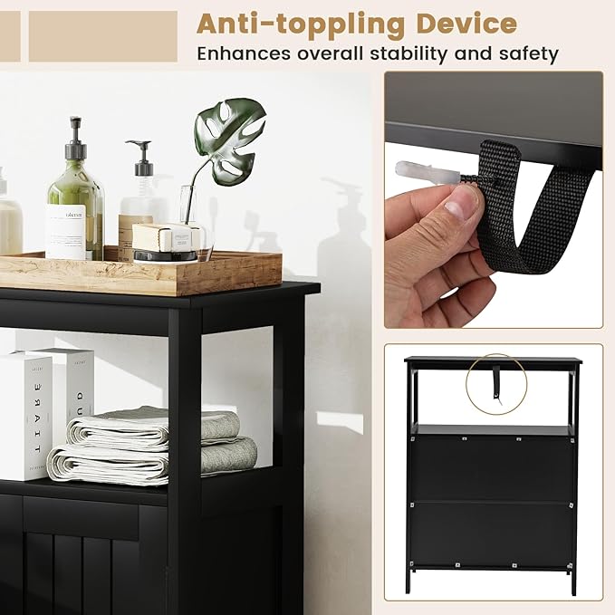 Tangkula Bathroom Storage Cabinet, Freestanding Floor Organizer with 2 Doors & 1 Adjustable Shelf, Modern Home Bathroom Furniture for Living Room Entryway Kitchen (Cabinet, Black)