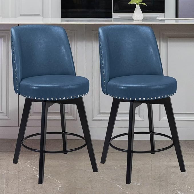 MINCETA Bar Stools Set of 2, PU Leather Barstools, 26 Inch Upholstered Counter Stools with High Back and Footrest, Swivel Counter Height Barstools for Kitchen Island Home Bar Navy Blue