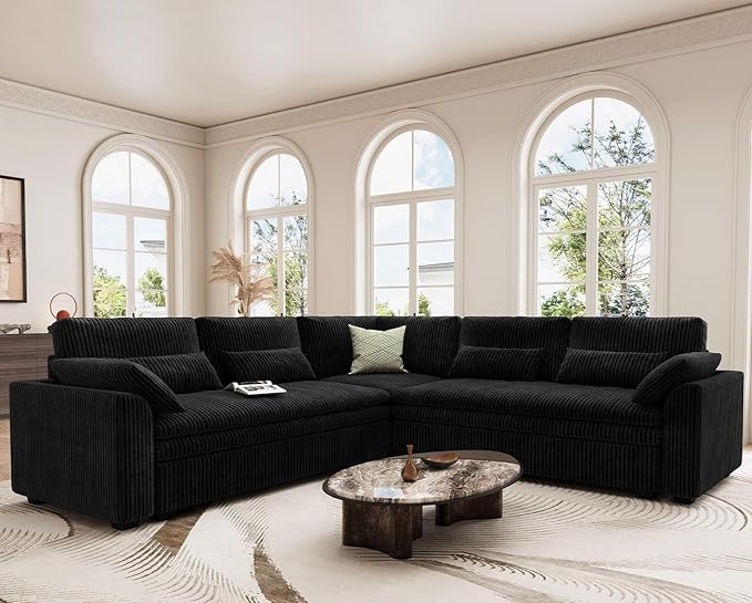 Belffin Large Modular Sectional Sofa with Double 61" Loveseat, Corduroy Corner Couch with 9" Soft Dual-Layer Seats Cushion for Living Room, Apartment, Small Sapce, Black