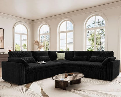 Belffin Large Modular Sectional Sofa with Double 61" Loveseat, Corduroy Corner Couch with 9" Soft Dual-Layer Seats Cushion for Living Room, Apartment, Small Sapce, Black