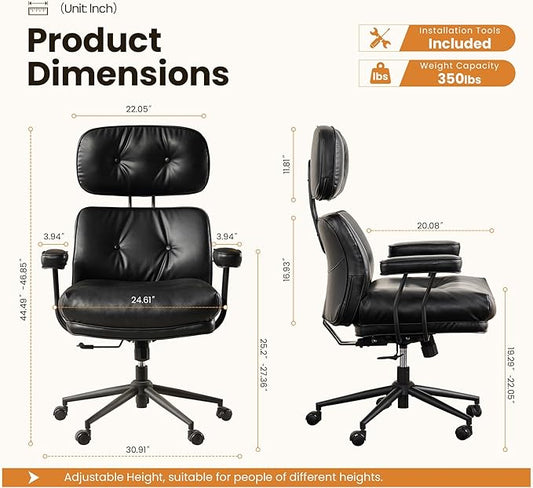 Home Office Desk Chair, Mid-Century Modern Office Chair with Adjustable Lumbar Support, Thickened Cushion Executive Desk Chair with 360 Rolling Swivel for Meeting Game Study Room(Black)