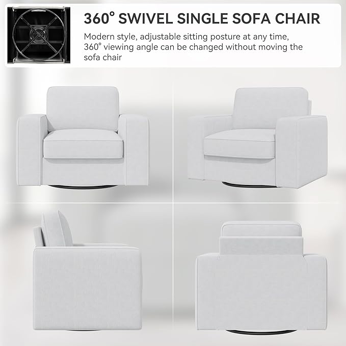 Swivel Accent Sofa Chair Set of 2, 360 Degree Rotation 36'' Width Oversized Thick Cusion Armchair Linen Fabric Single Padding Soft Living Room, Office White