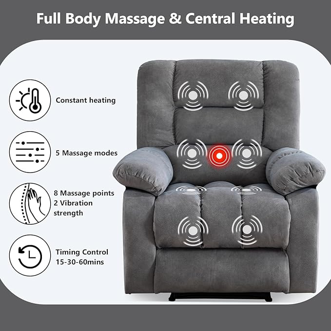 ANJHOME Massage Recliner Chairs with Heat and Vibration,Overstuffed Manual Rocking Reclining Chair for Living Room Bedroom (Light Grey)
